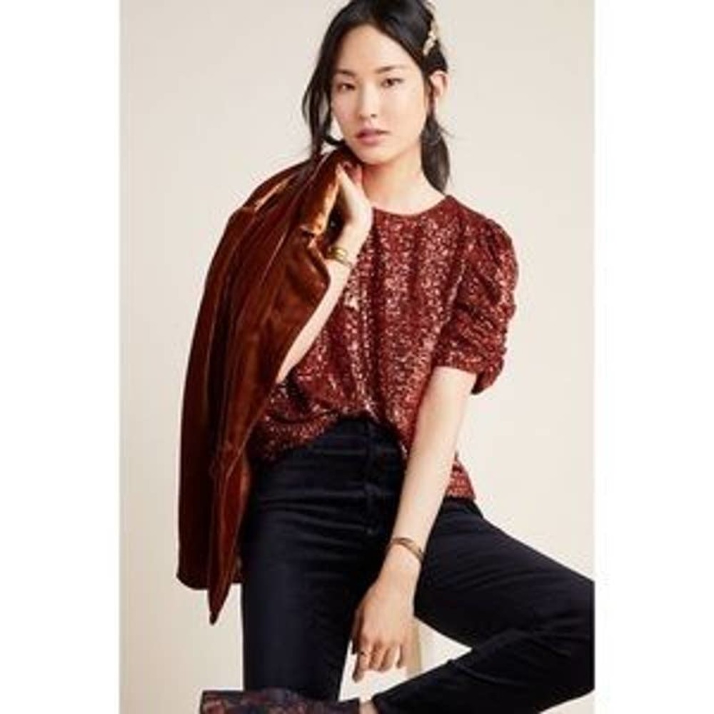 NWT Anthropologie Marie Floral Sequined Blouse $120 Sz 4 Puff Sleeve